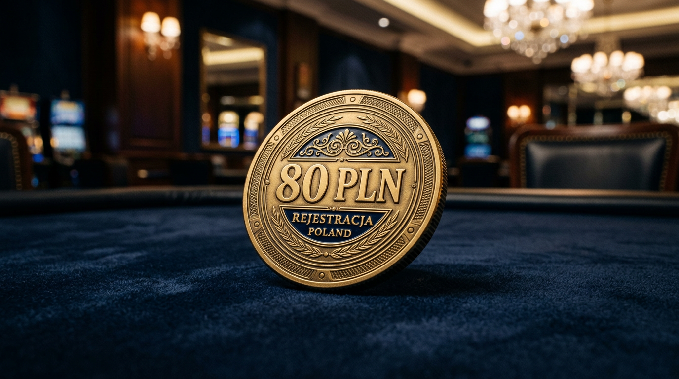 Złoty żeton kasynowy z napisem 80 PLN na eleganckim tle